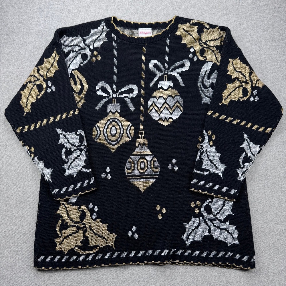 Vintage 80s Holiday Time Christmas Sweater Womens Large Black Gold Ornaments
